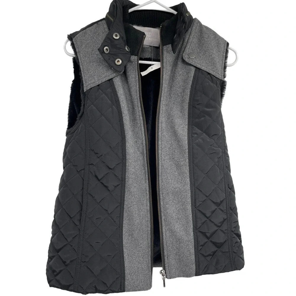 Tart Collections Donnah Wool Blend Gray Quilted Faux Fur Lined Vest Size XS - Picture 2 of 10